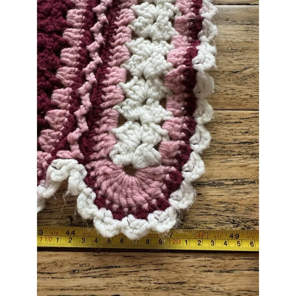 Handmade Red, Pink White Knitted Crocheted Throw Blanket Size 48x64